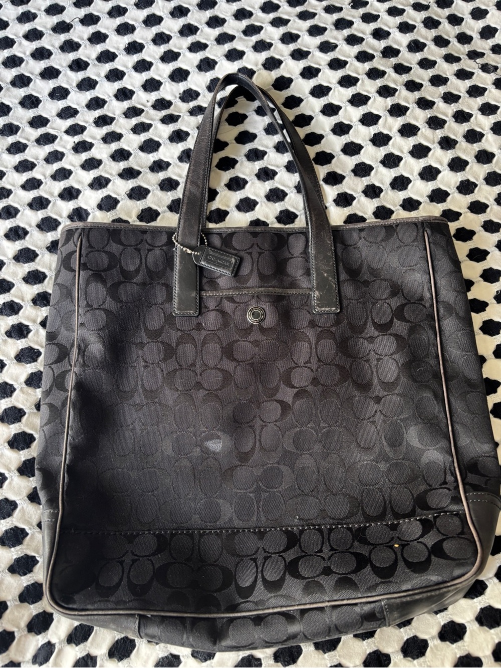 Coach Black Signature Canvas Tote with Leather Trim